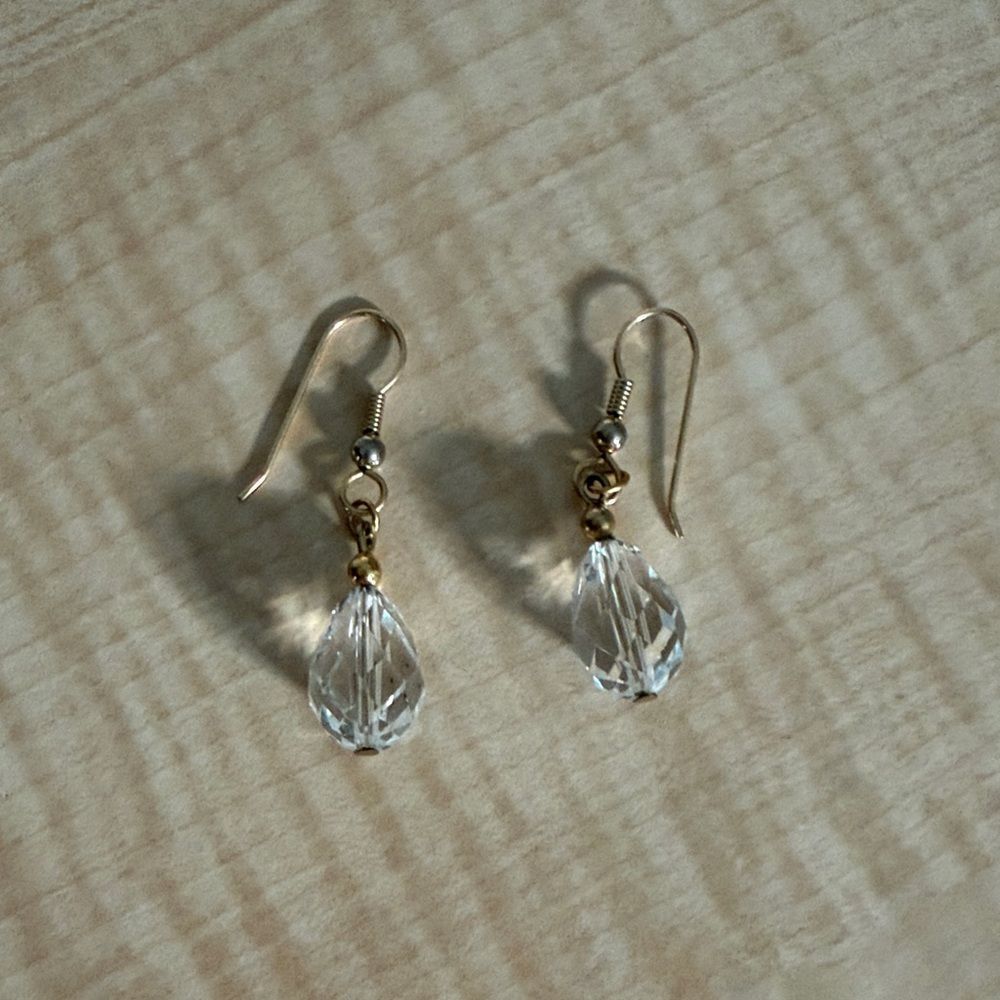 Gold Tone Clear Crystal Teardrop Dangle Earrings